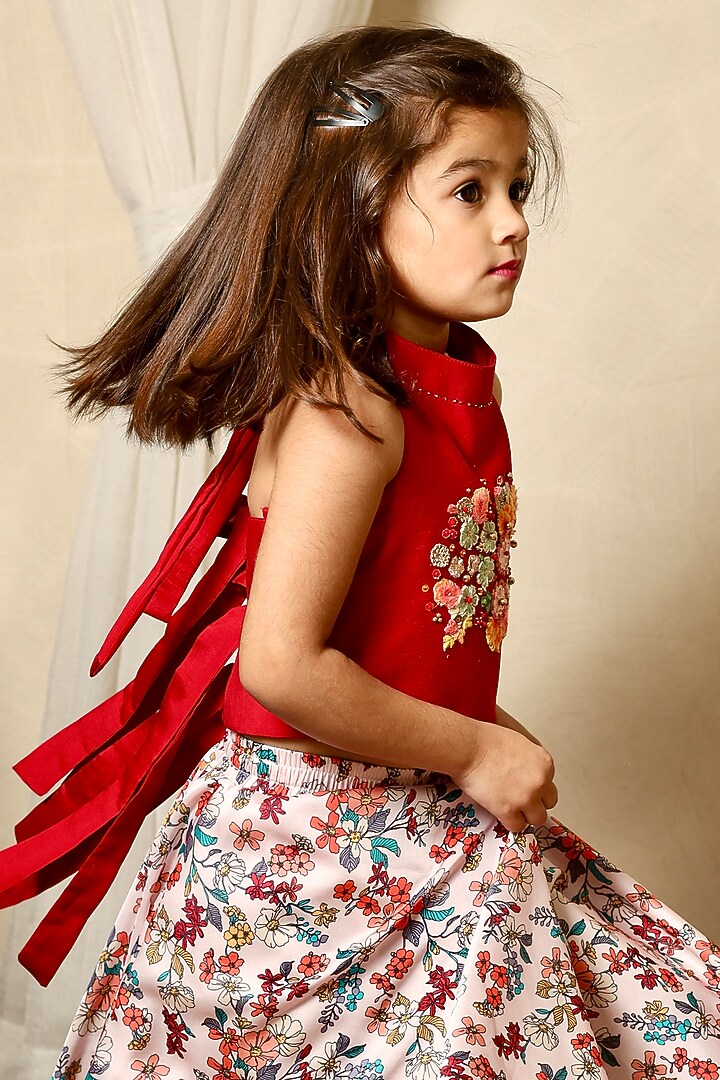 Cream Modal Satin Lace Embroidered Floral Skirt Set For Girls by Littleduds Baby Boutique at Pernia's Pop Up Shop