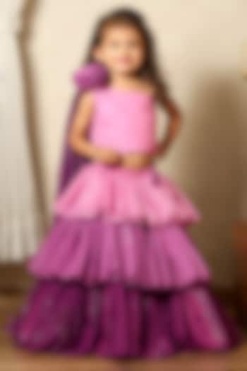 Dark & Light Purple Zari Shaded Layered Skirt Set For Girls by Littleduds Baby Boutique