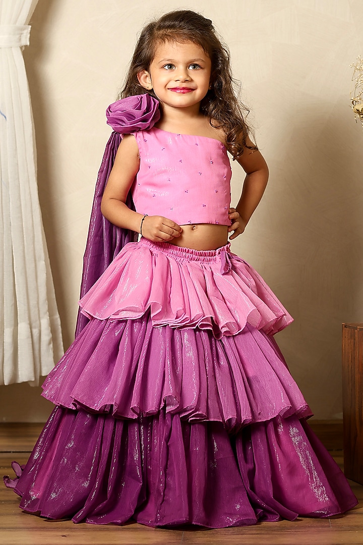 Dark & Light Purple Zari Shaded Layered Skirt Set For Girls by Littleduds Baby Boutique