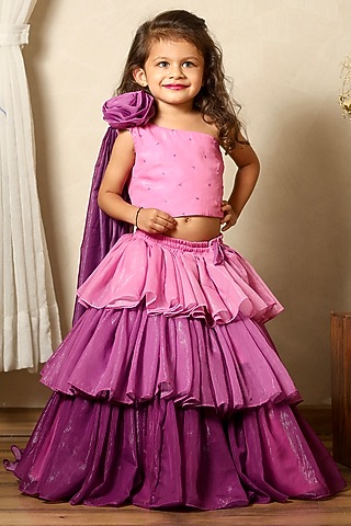 Dark & Light Purple Zari Shaded Layered Skirt Set For Girls by Littleduds Baby Boutique