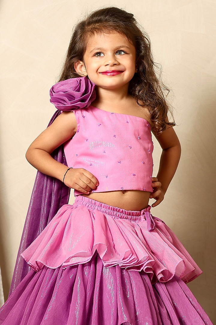 Dark & Light Purple Zari Shaded Layered Skirt Set For Girls by Littleduds Baby Boutique at Pernia's Pop Up Shop