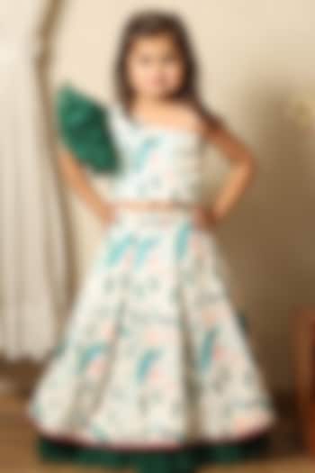 Off-White & Green Modal Satin Peacock Printed Skirt Set For Girls by Littleduds Baby Boutique