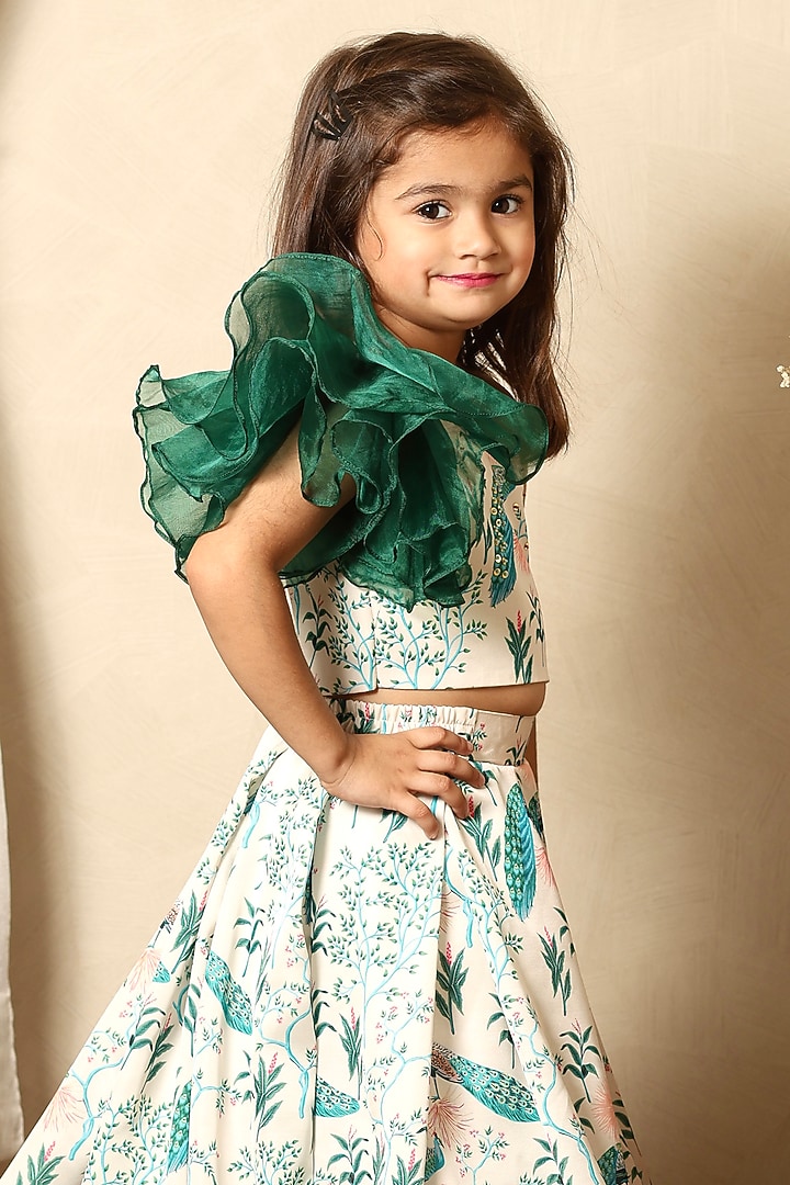 Off-White & Green Modal Satin Peacock Printed Skirt Set For Girls by Littleduds Baby Boutique at Pernia's Pop Up Shop