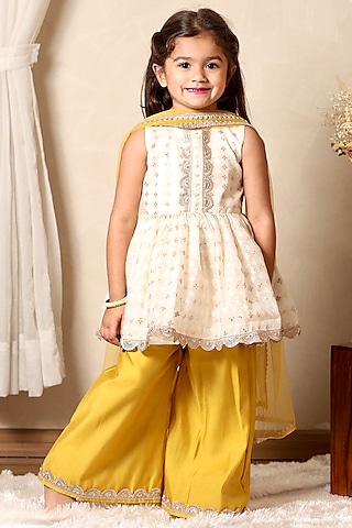 White Silk Lace Embroidered Banarasi Kurta Set For Girls by Littleduds Baby Boutique