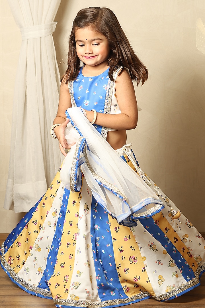 Multi-Colored Modal Satin Floral Printed Lehenga Set For Girls by Littleduds Baby Boutique