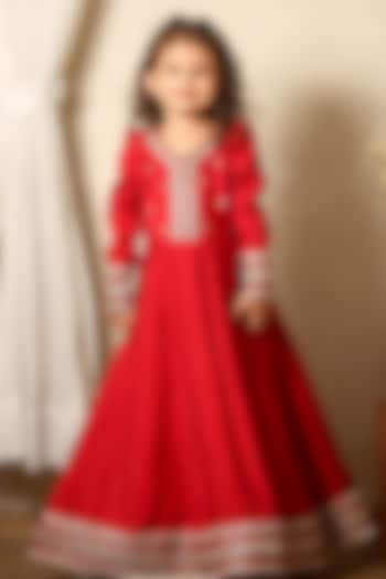Red Silk Lace Embroidered Anarkali Set For Girls by Littleduds Baby Boutique