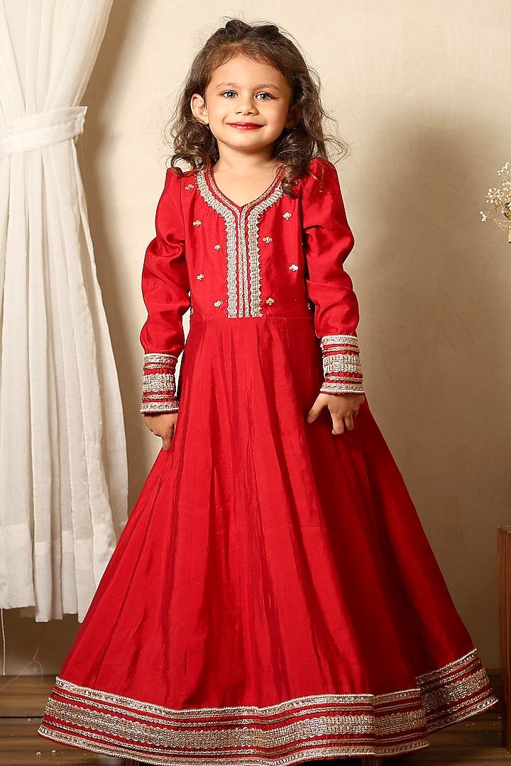 Red Silk Lace Embroidered Anarkali Set For Girls by Littleduds Baby Boutique