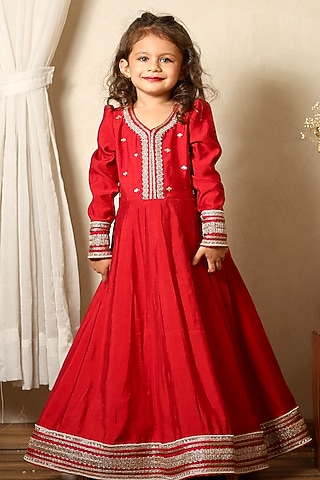 Red Silk Lace Embroidered Anarkali Set For Girls by Littleduds Baby Boutique