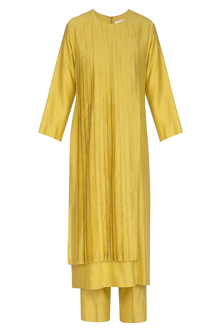 Yellow Embroidered Kurta With Cropped Pants by Little Things Studio