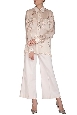 Off White Screen Printed Shirt With Boot-Cut Pants by Little Things Studio