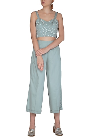 Chalk Green Screen Printed Bustier With Pants by Little Things Studio