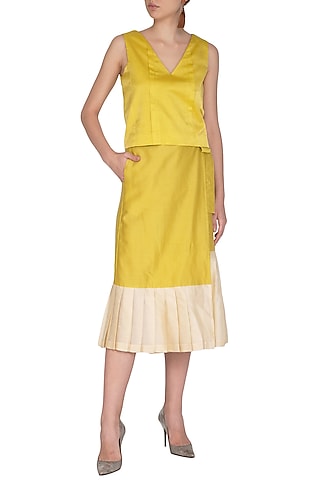 Yellow Pleated Top With Wrap Skirt by Little Things Studio