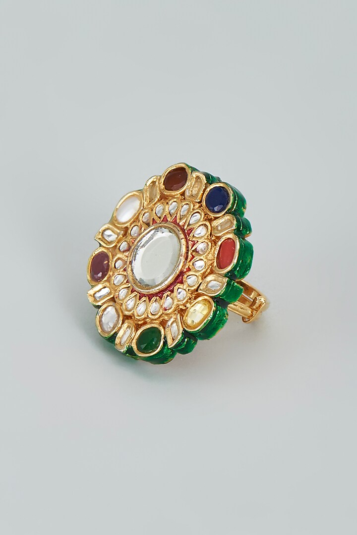 Gold Finish Meenakari Ring In Sterling Silver by Lotus Suutra Silver at Pernia's Pop Up Shop