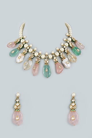 Gold Finish Meenakari Choker Necklace Set In Sterling Silver by Lotus Suutra Silver