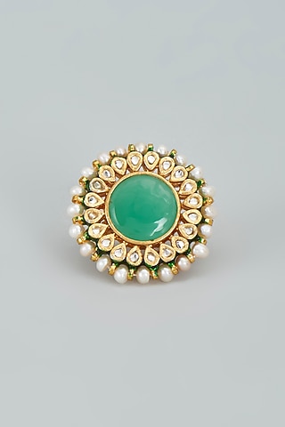 Gold Finish Kundan Polki Meenakari Ring In Sterling Silver by Lotus Suutra Silver