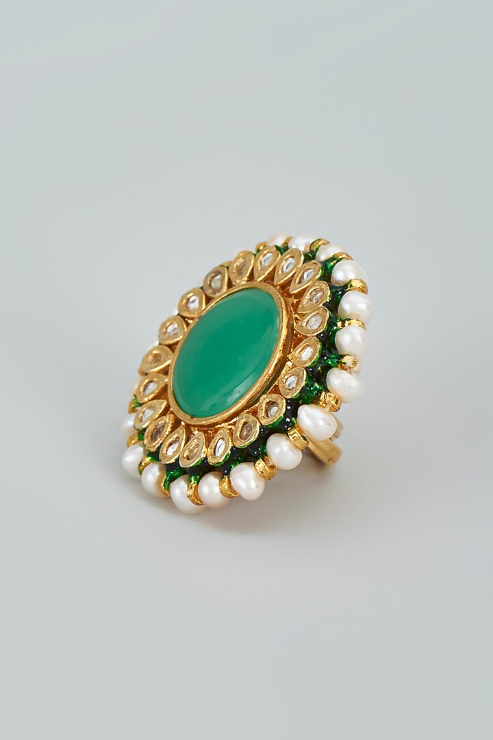 Gold Finish Kundan Polki Meenakari Ring In Sterling Silver by Lotus Suutra Silver at Pernia's Pop Up Shop