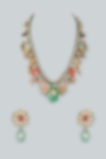 Gold Finish Kundan Polki Necklace Set In Sterling Silver by Lotus Suutra Silver