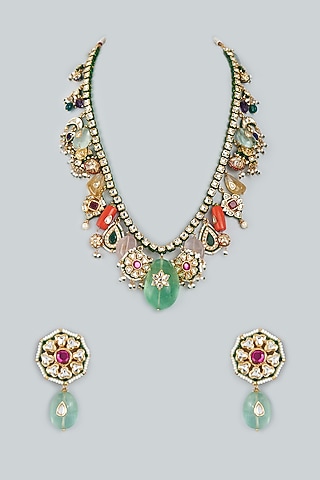 Gold Finish Kundan Polki Necklace Set In Sterling Silver by Lotus Suutra Silver