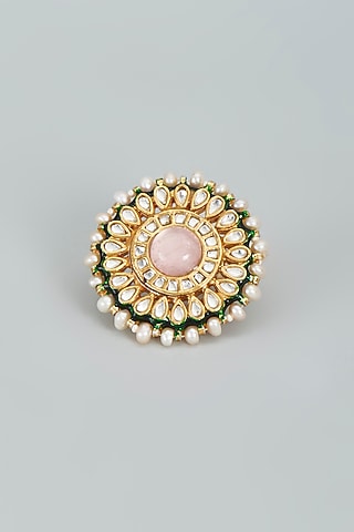 Gold Finish Kundan Meenakari Ring In Sterling Silver by Lotus Suutra Silver