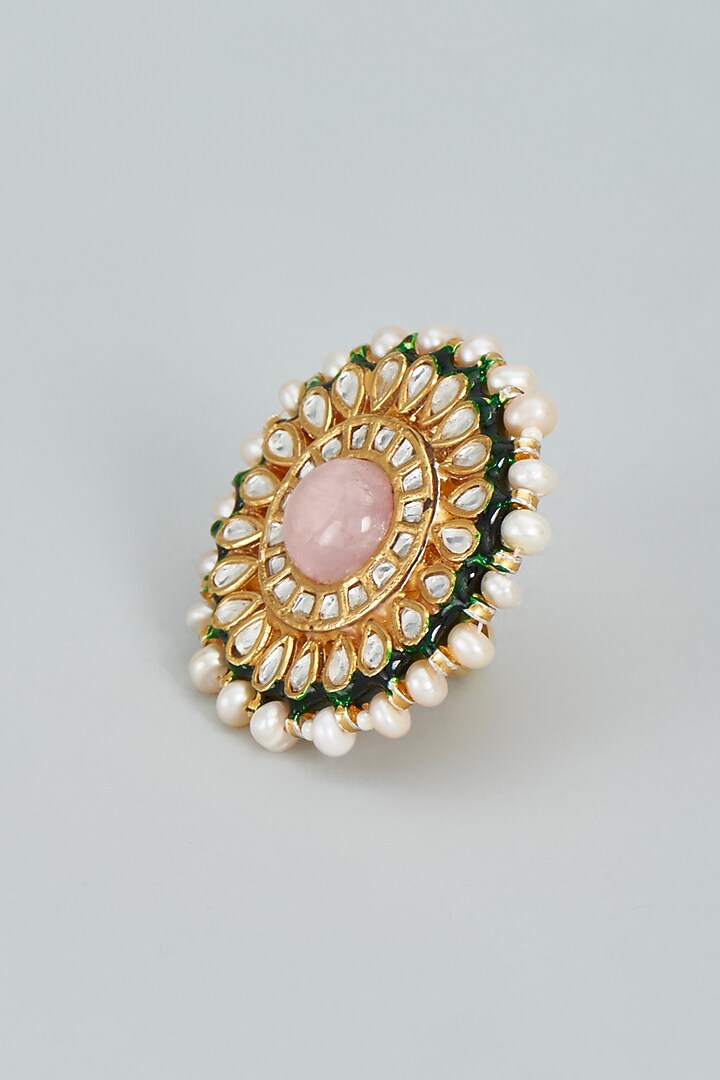 Gold Finish Kundan Meenakari Ring In Sterling Silver by Lotus Suutra Silver at Pernia's Pop Up Shop