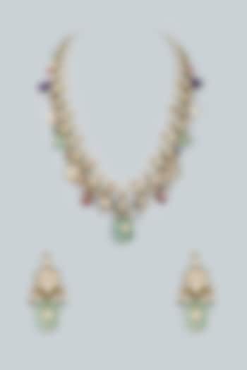 Gold Finish Necklace Set With Kundan Polki In Sterling Silver by Lotus Suutra Silver