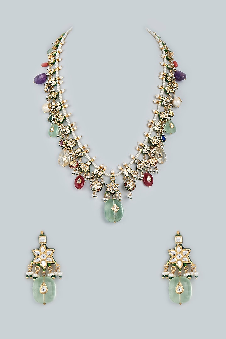 Gold Finish Necklace Set With Kundan Polki In Sterling Silver by Lotus Suutra Silver