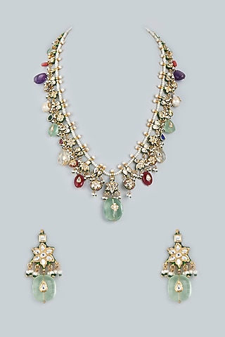 Gold Finish Necklace Set With Kundan Polki In Sterling Silver by Lotus Suutra Silver