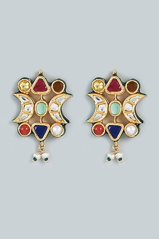 Gold Finish Meenakari Earrings In Sterling Silver by Lotus Suutra Silver