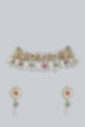 Gold Finish Kundan Choker Necklace Set In Sterling Silver by Lotus Suutra Silver