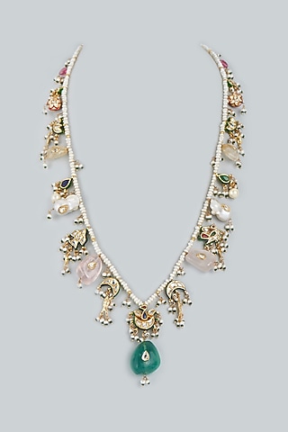Gold Finish Meenakari Long Necklace In Sterling Silver by Lotus Suutra Silver