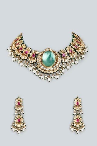 Gold Finish Kundan Polki Necklace Set In Sterling Silver by Lotus Suutra Silver