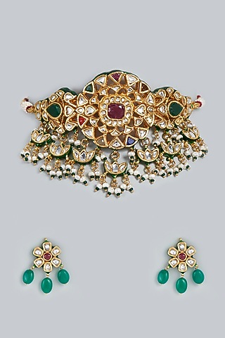Gold Finish Navratan Necklace Set In Sterling Silver by Lotus Suutra Silver