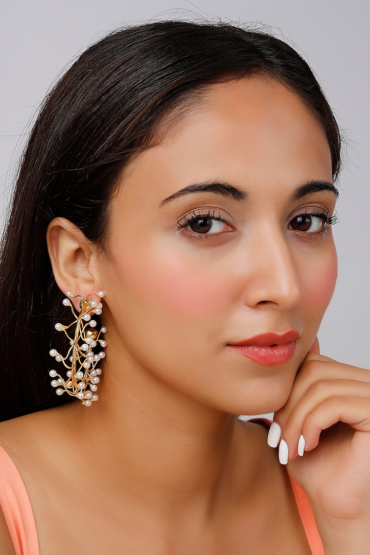 Gold Finish Pearl Hoop Earrings by Lotus Suutra Jewelry