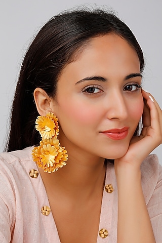 Gold Finish Floral Stud Earrings by Lotus Suutra Jewelry