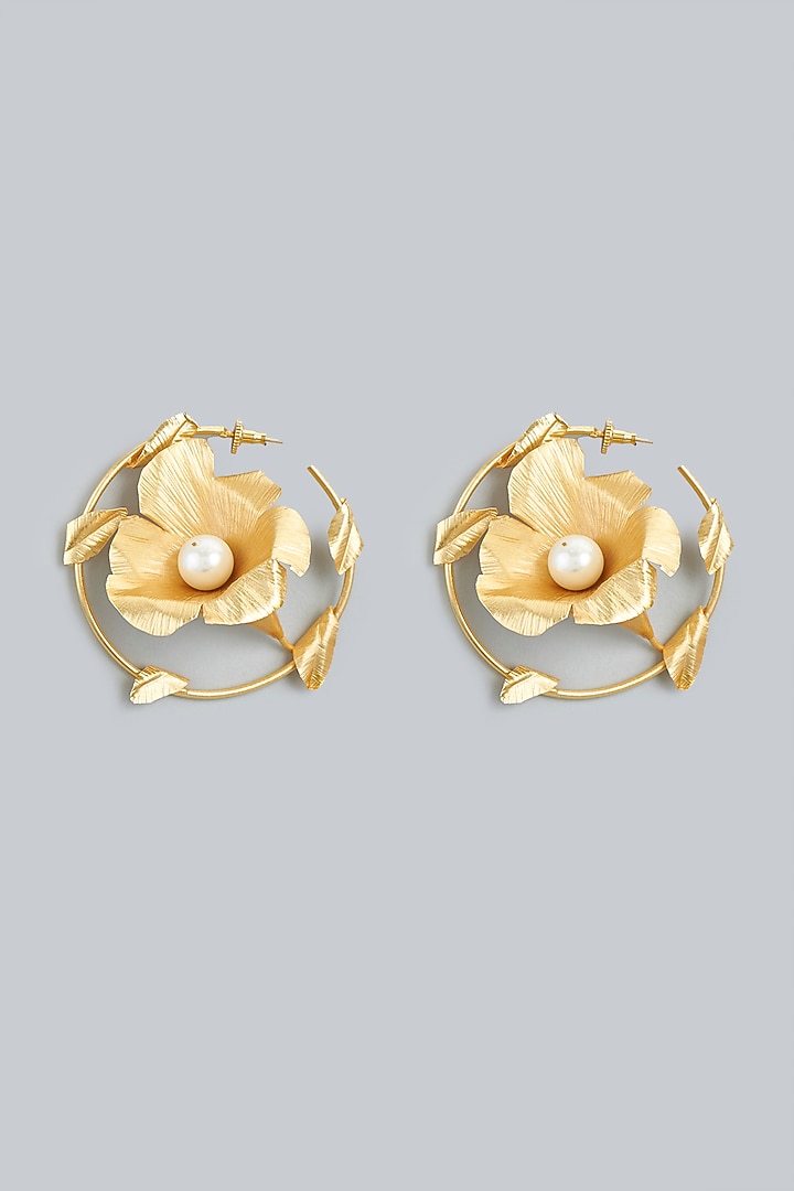 Gold Finish Floral Hoop Earrings by Lotus Suutra Jewelry at Pernia's Pop Up Shop