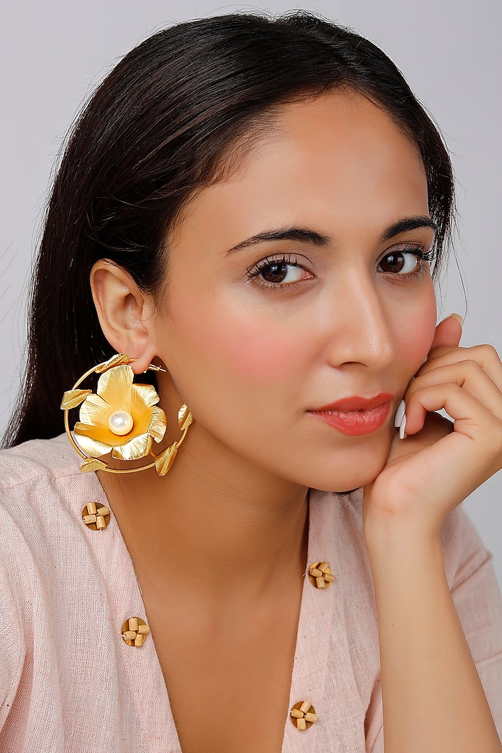 Gold Finish Floral Hoop Earrings by Lotus Suutra Jewelry