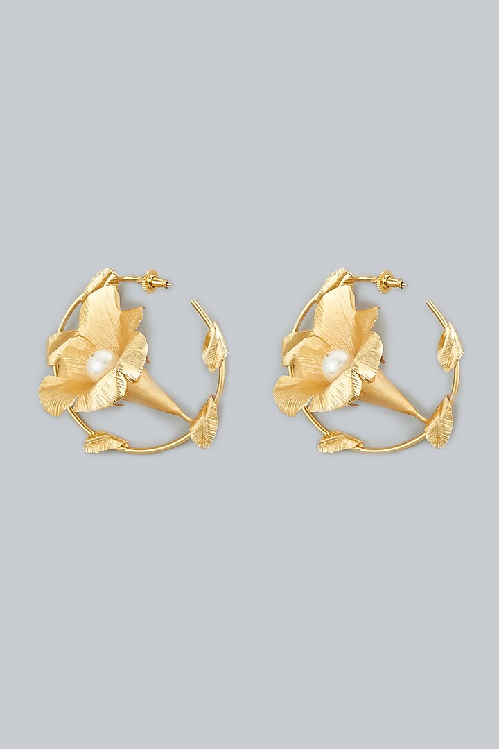 Gold Finish Floral Hoop Earrings by Lotus Suutra Jewelry at Pernia's Pop Up Shop