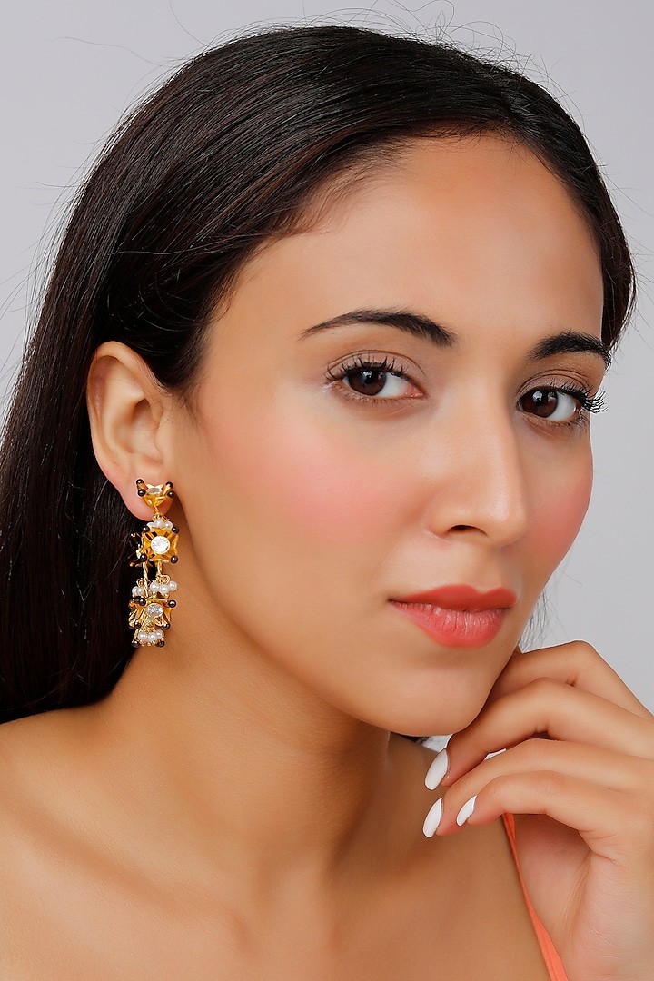 Gold Finish Pearl Floral Earrings by Lotus Suutra Jewelry