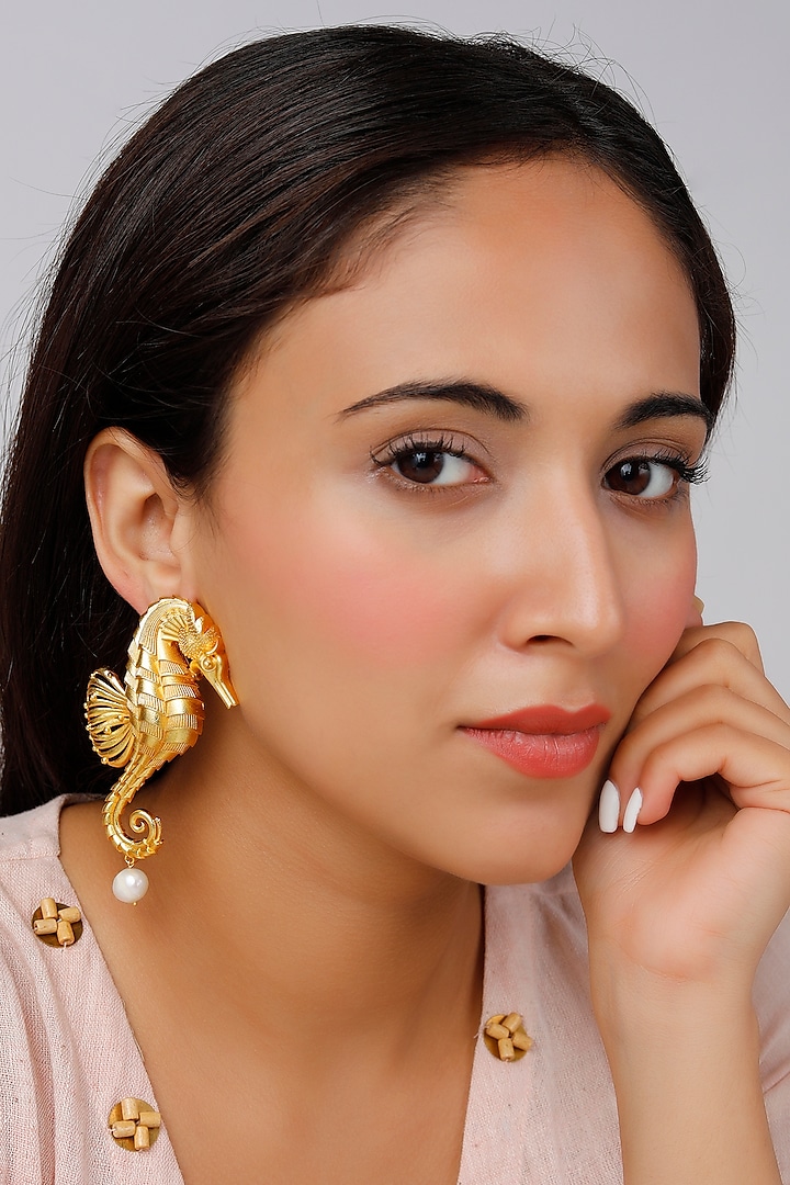 Gold Finish Seahorse Earrings by Lotus Suutra Jewelry at Pernia's Pop Up Shop