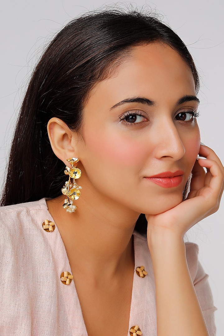 Gold Finish Floral Earrings by Lotus Suutra Jewelry