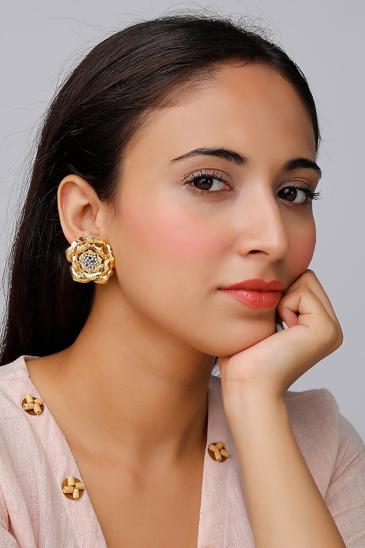 Gold Finish Floral Stud Earrings by Lotus Suutra Jewelry