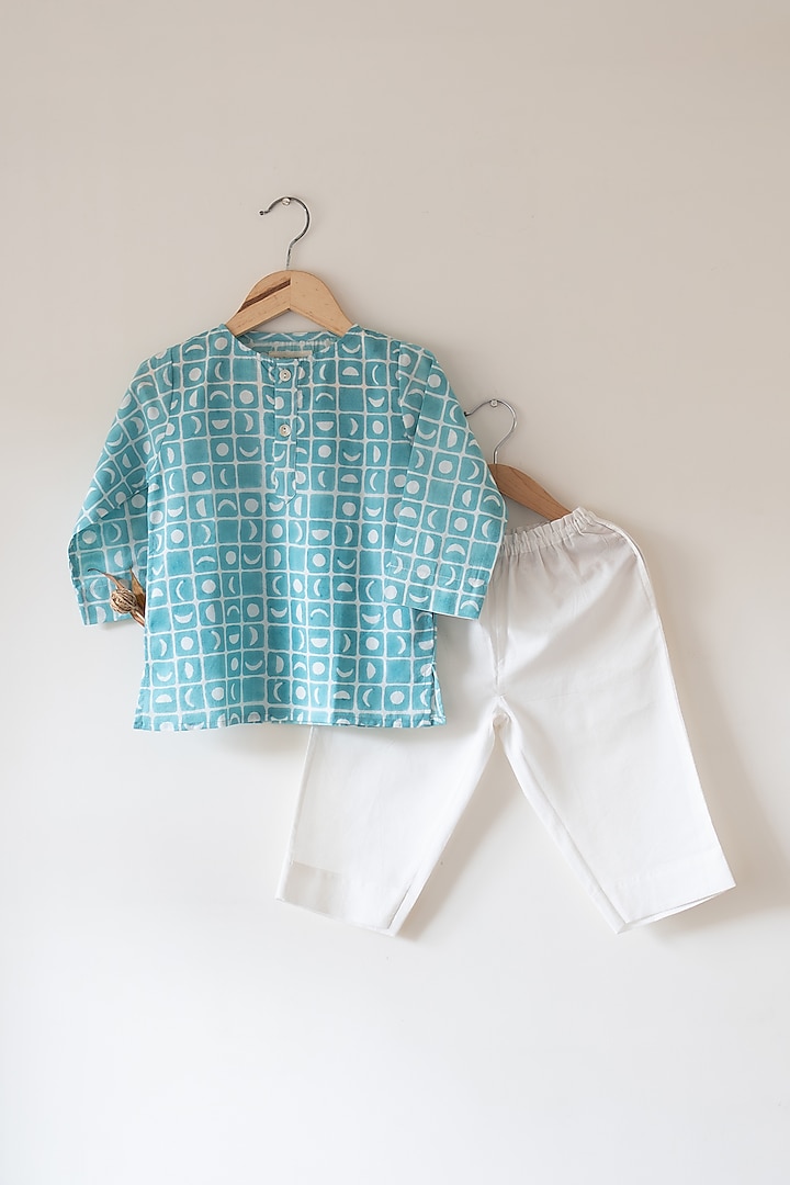 Blue Cotton Hand Block Printed Kurta Set For Kids by Love the World Today at Pernia's Pop Up Shop