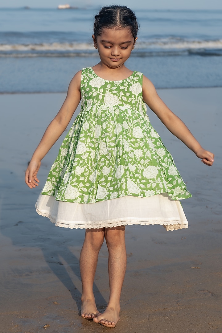 Green Cotton Hand Block Printed Dress For Girls by Love the World Today at Pernia's Pop Up Shop