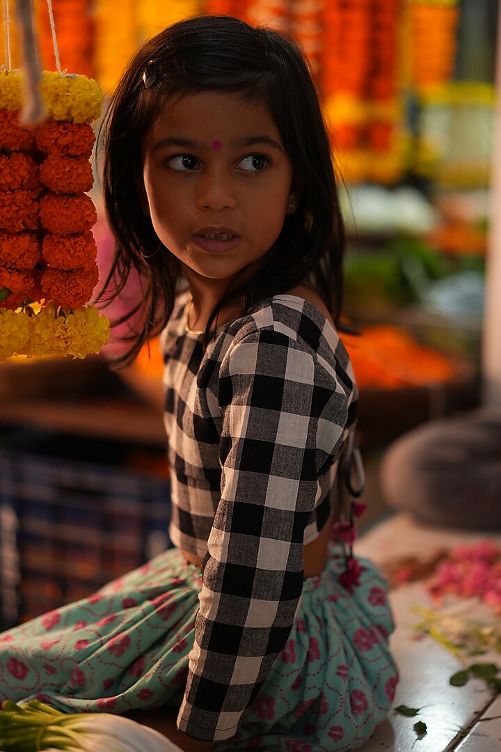 Blue & Pink Handwoven Cotton Hand Block Printed Lehenga Set For Girls by Love the World Today at Pernia's Pop Up Shop