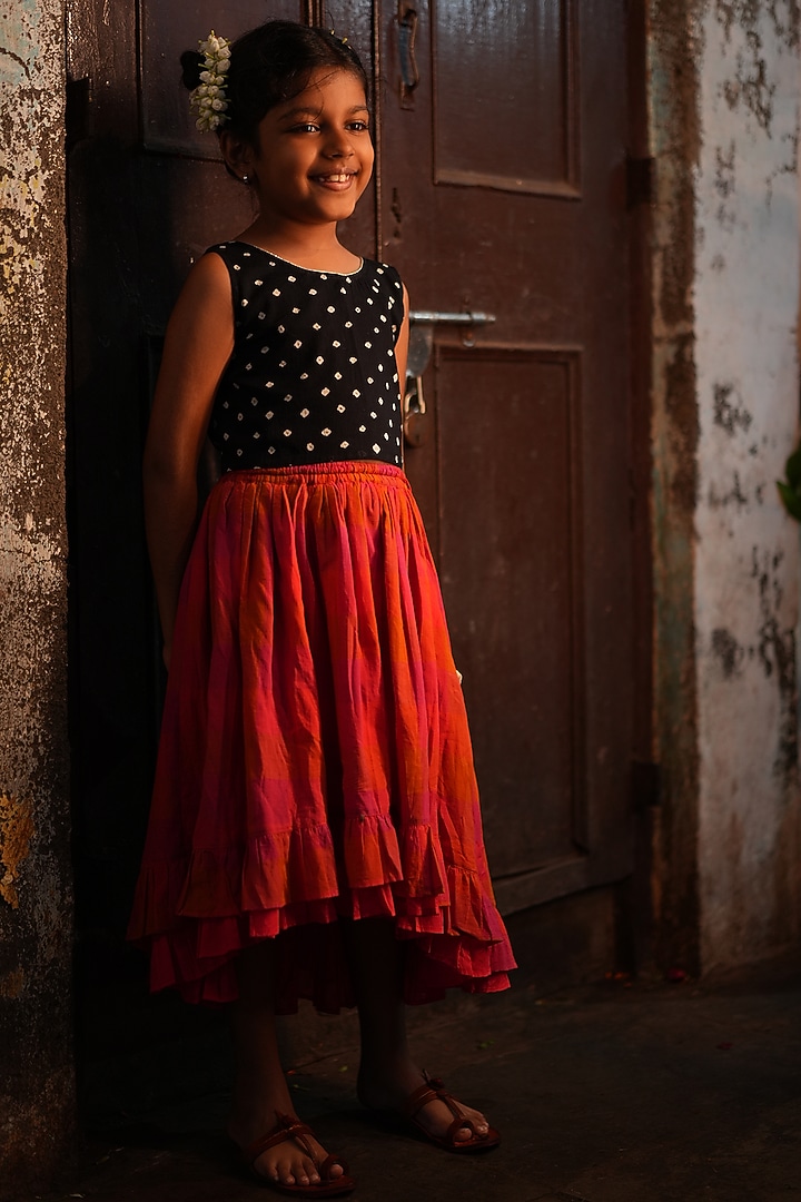 Pink & Orange Handwoven Cotton Checkered Lehenga Set For Girls by Love the World Today at Pernia's Pop Up Shop