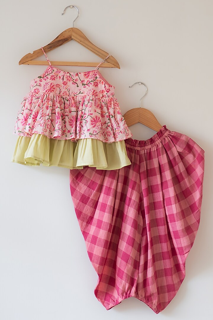 Pink & Lime Green Handwoven Cotton Block Printed Co-Ord Set For Girls by Love the World Today at Pernia's Pop Up Shop