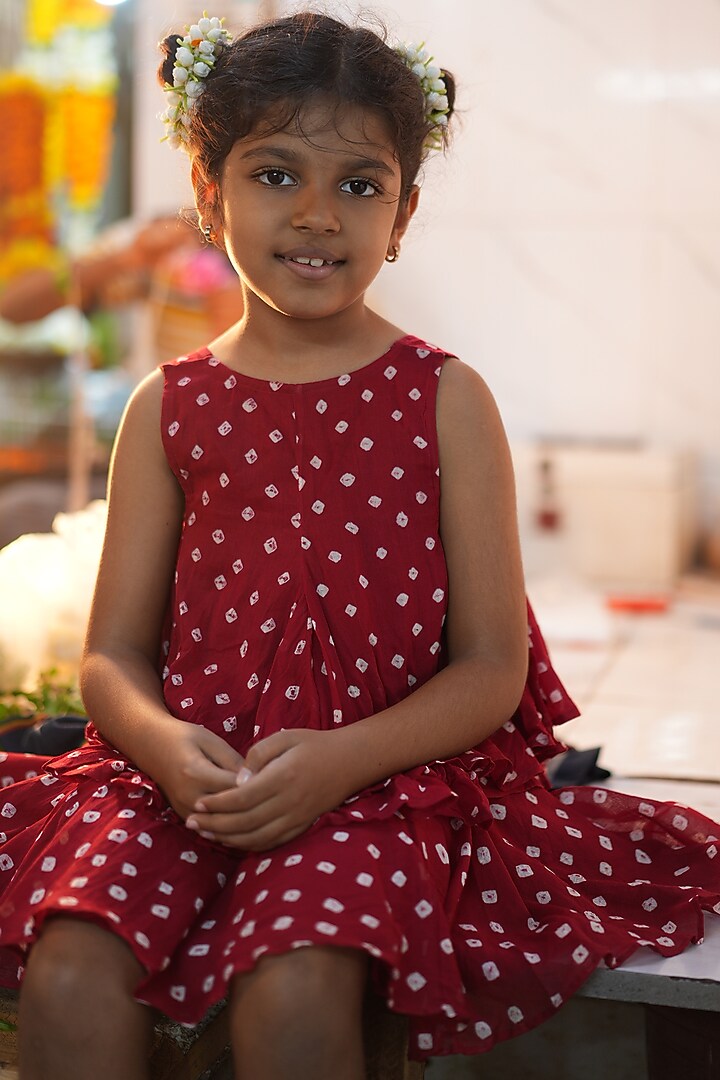 Red Cotton Bandhani Printed Skirt Set For Girls by Love the World Today at Pernia's Pop Up Shop