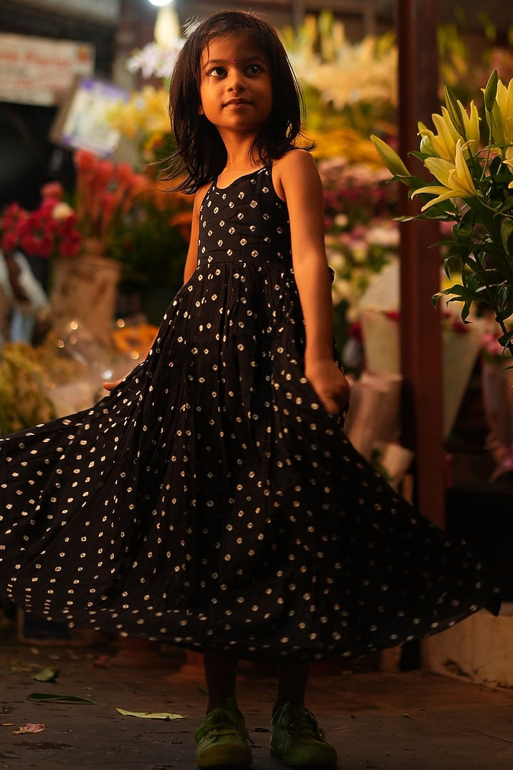 Black Cotton Bandhani Printed Dress For Girls by Love the World Today at Pernia's Pop Up Shop