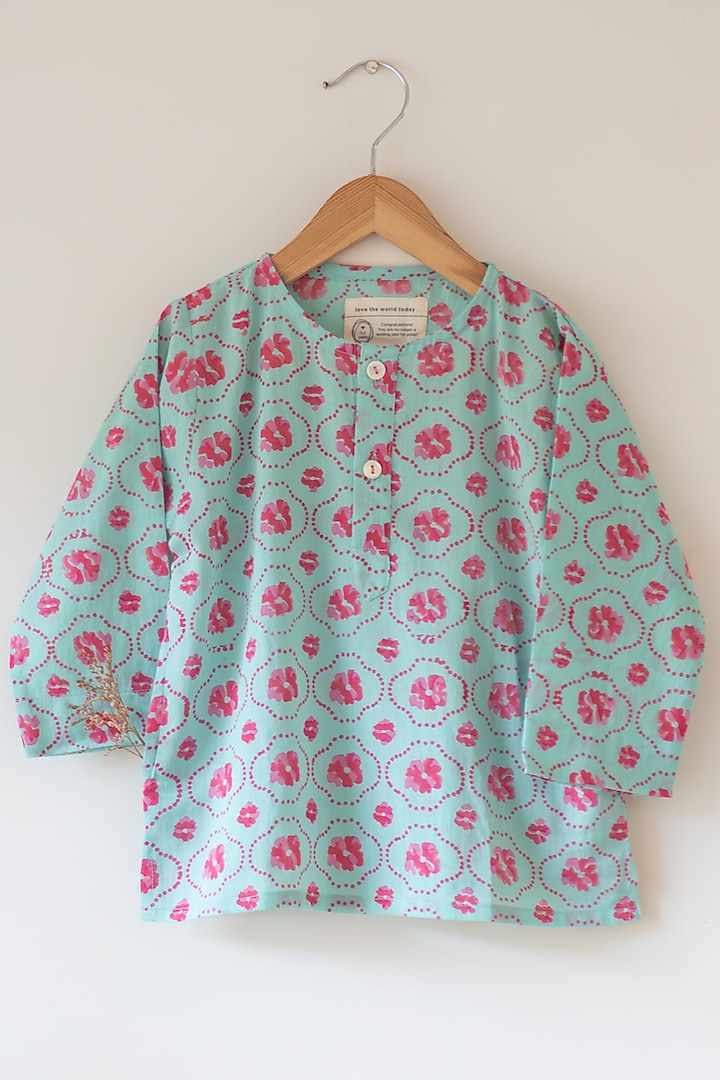 Blue & Pink Cotton Hand Block Printed Kurta For Boys by Love the World Today