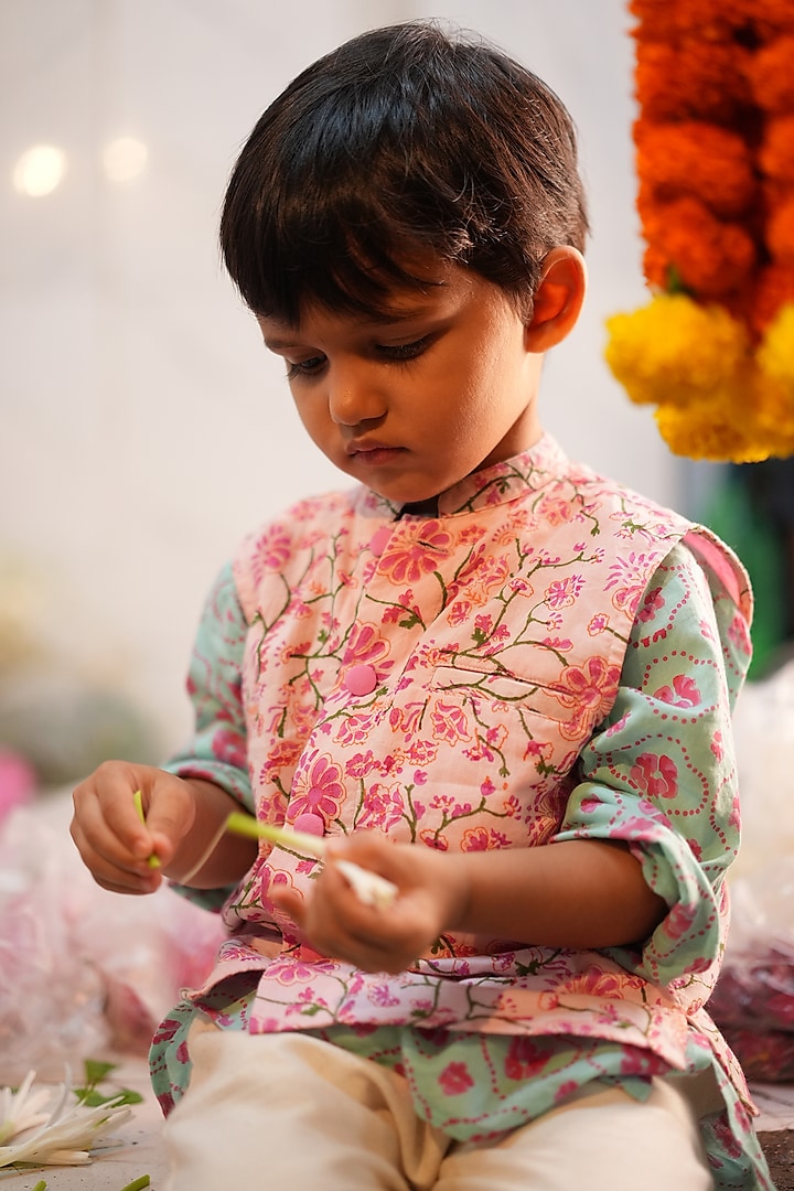 Pink Cotton Hand Block Printed Bundi Jacket For Boys by Love the World Today